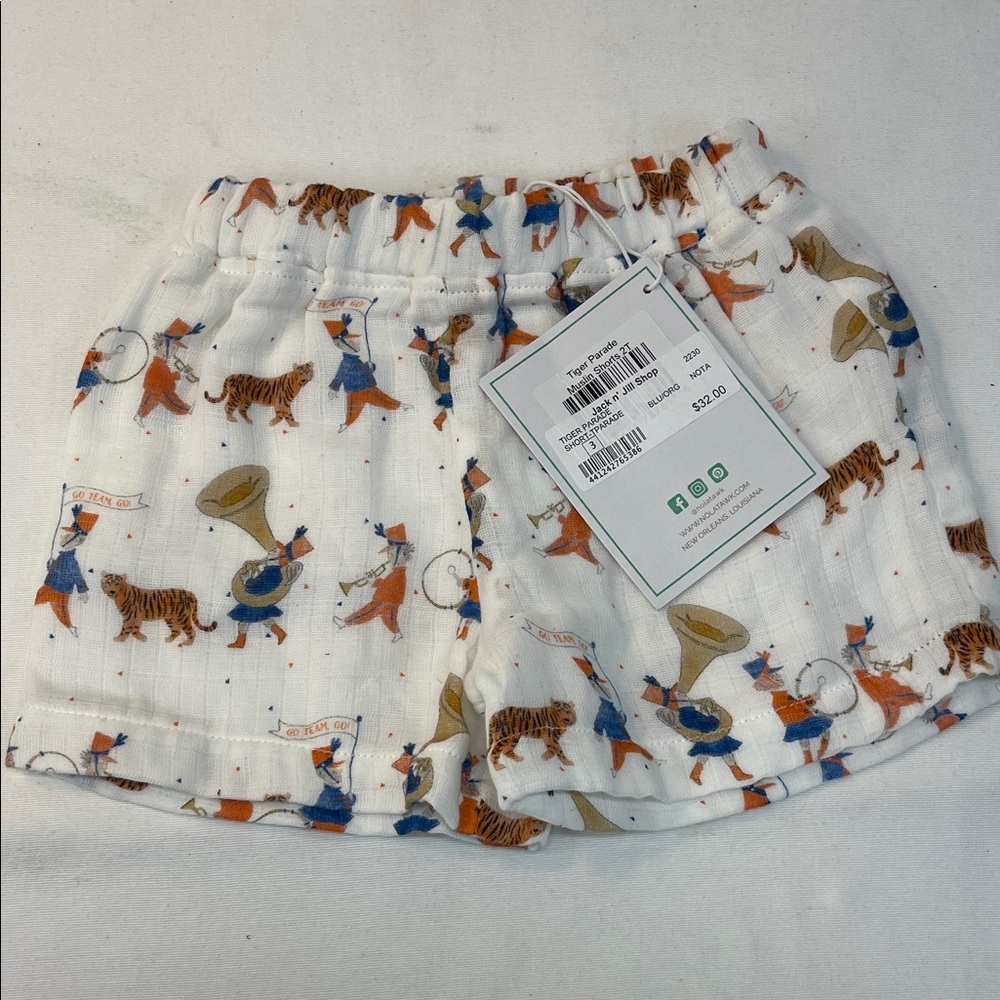 NWT White Shorts with Orange & Blue Parade Print muslin Sz 2T